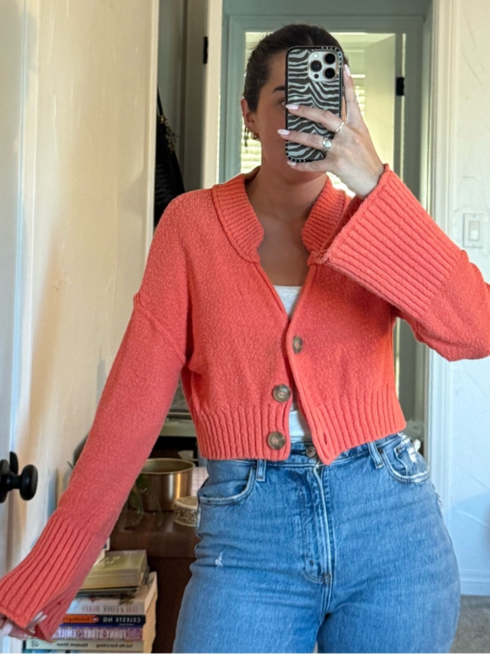 Urban Outfitters Coral Cropped Button-Front Cardigan